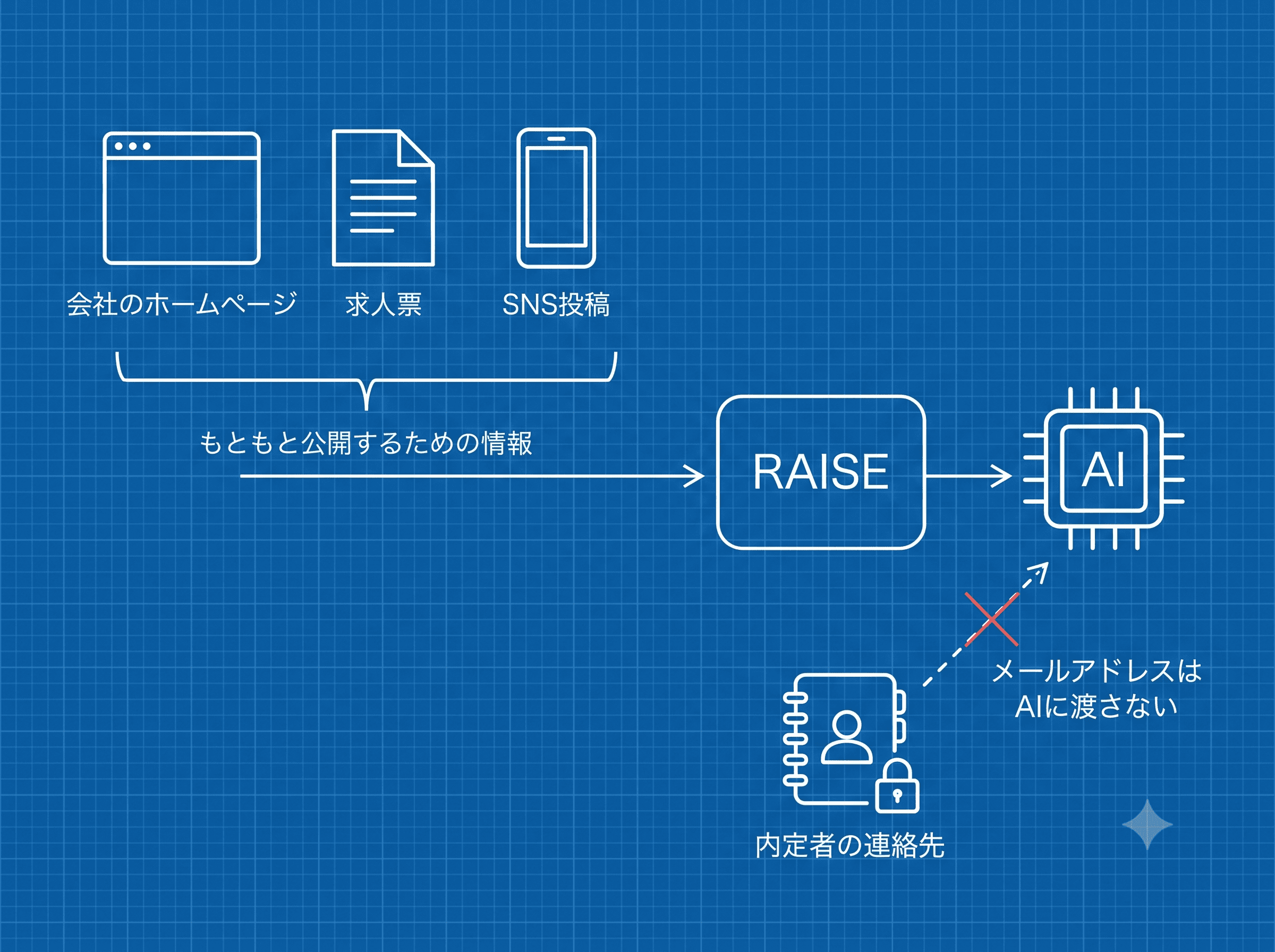 RAISEに入力するのは主に公開するための情報で、内定者のメールアドレスはAIに渡さないことを示す図